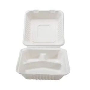 PS MD 903K 9" X 9" 3 COMPARTMENT WHITE SUGARCANE CLAMSHELL CONTAINER * 200
